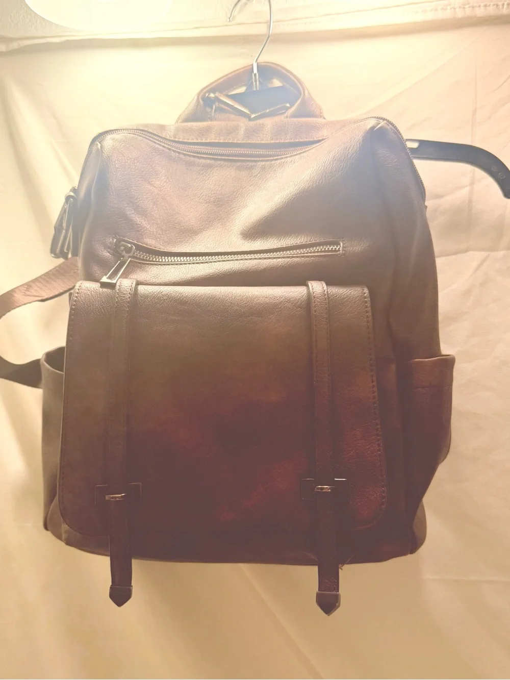 Page Classic Brown Faux Leather Backpack with Front Flap Pocket